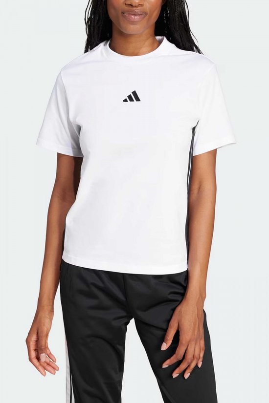 Wit damest-shirt met zwart Adidas logo op de borst en zwarte strepen aan de zijkanten.