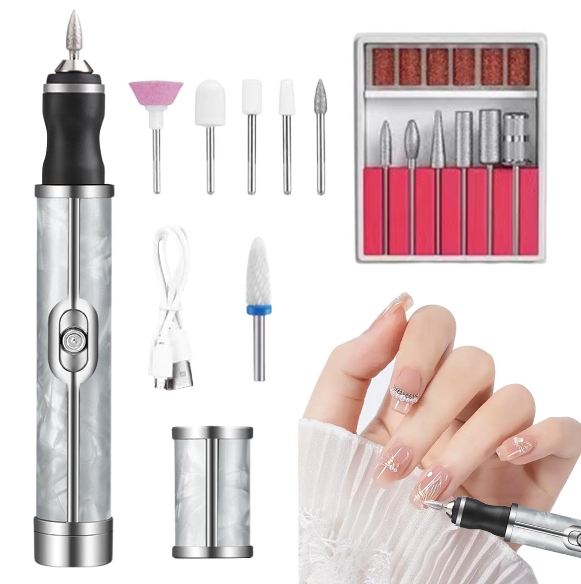 longziming -Elektrische Nagelboor Set USB Oplaadbaar – Draadloze Manicure & Pedicure Frees – Draadloos Manicure-Apparaat – Professionele Nagelverzorging – Elektrische nagelvijl voor dikke teennagels - Grijs