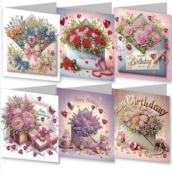 Diamond painting kaarten | Verjaardag set 6 stuks | Kinderen | Happy