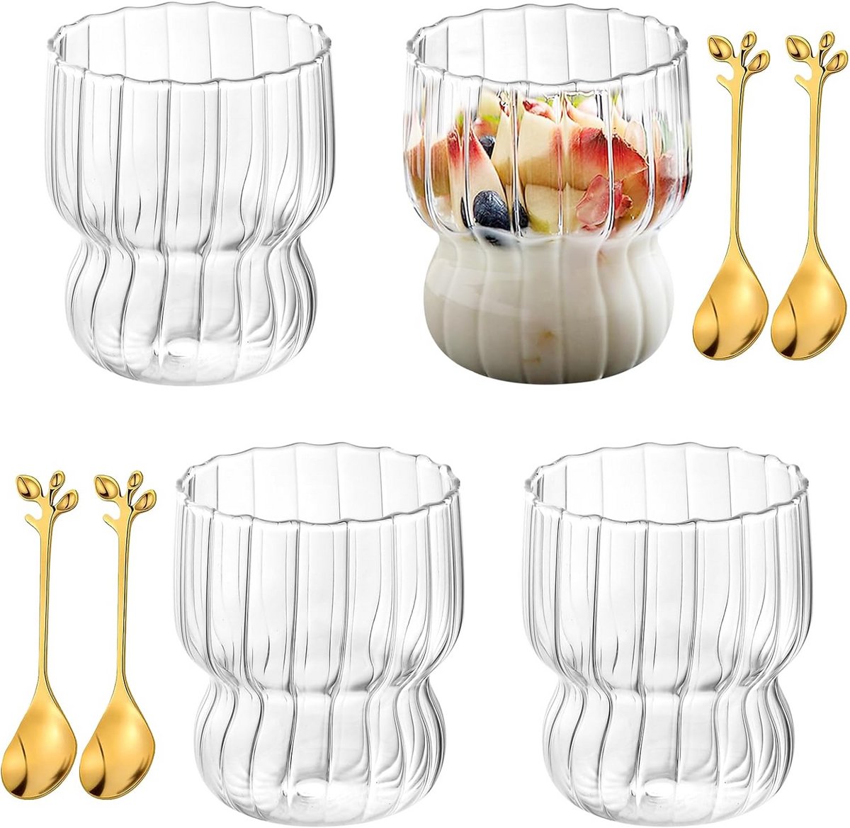 Set van 4 Geribbelde Drinkglazen 300 ml - Gecanneleerd Design