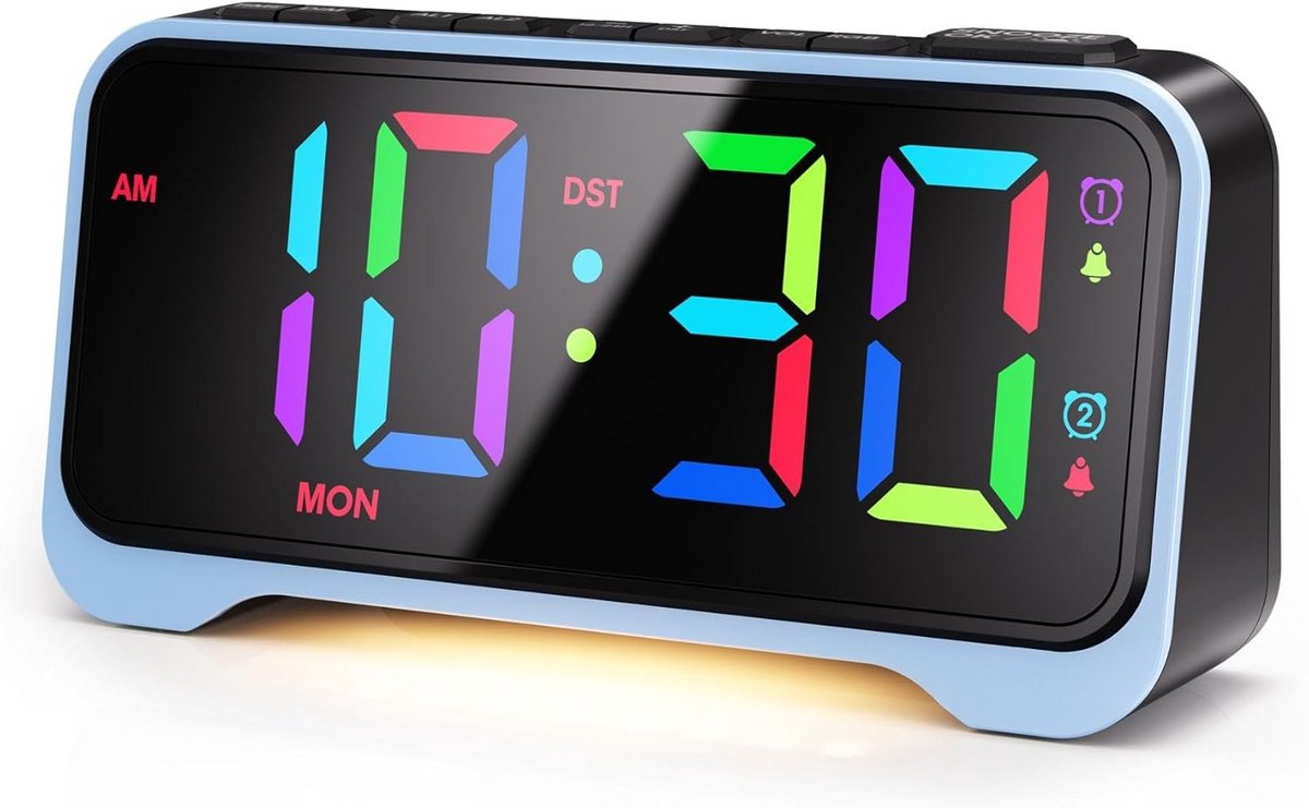 RGB-nachtlampweker voor kinderen - LED-display met 10 kleuren, Snooze, 3 wekkermodi, 12/24u en USB-oplaadpoort