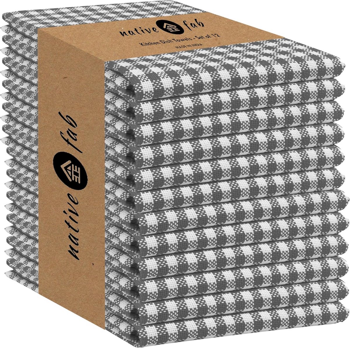 Gingham Keuken Theedoeken 12-Pack – Katoenen, Absorberend, Wasbaar, Duurzaam – Grijs/Wit