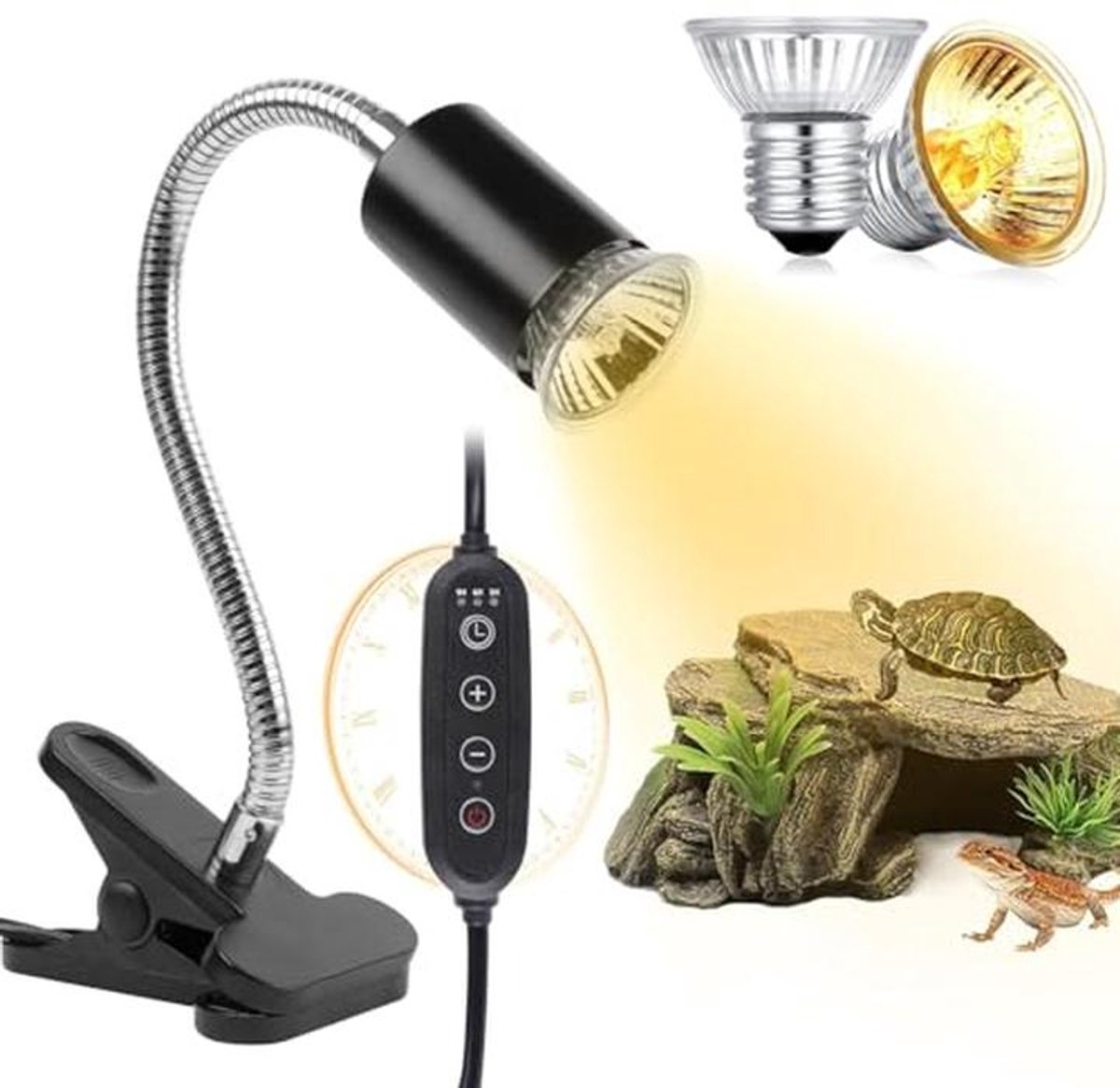 UVA UVB Reptielenlamp 2-pack 75W met Cyclustimer en Verstelbare Helderheid voor Reptielen en Amfibieën