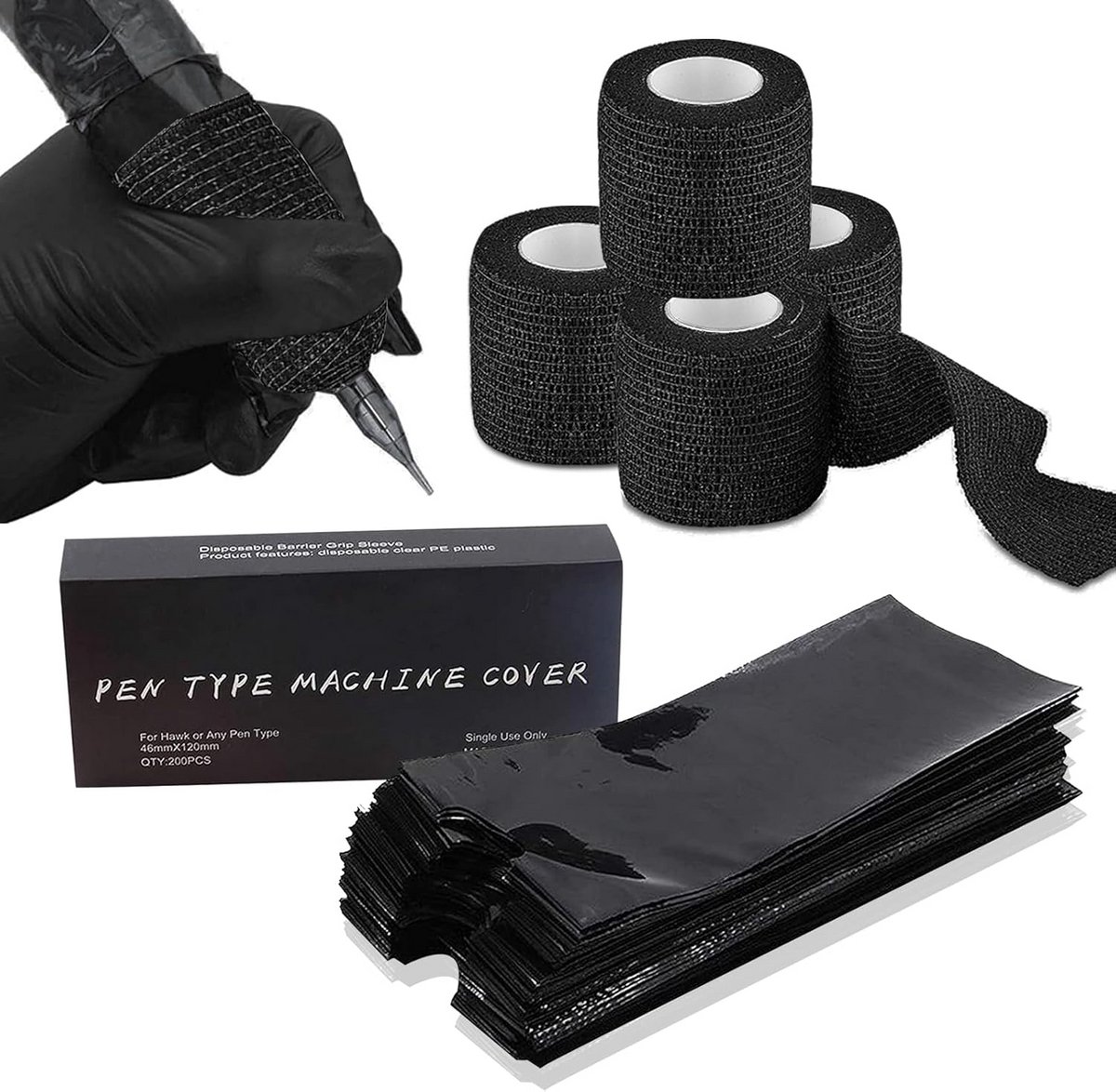 Tattoo Griptape en Pennenzakjes Accessoireset - 4 Rollen en 200 Stuks