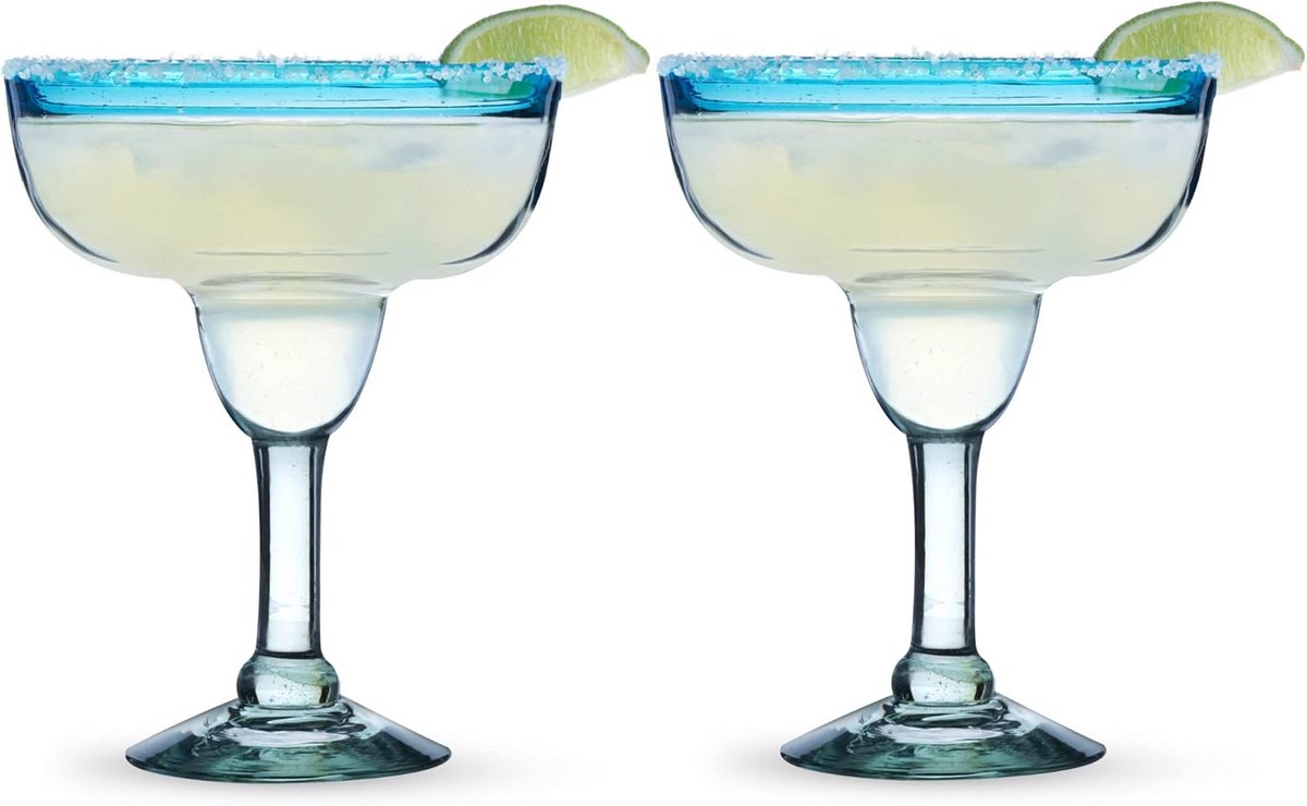 Margarita Glazen Set - Handgeblazen 100% Gerecycled Glas met Blauwe Rand - 10 oz (Set van 2)