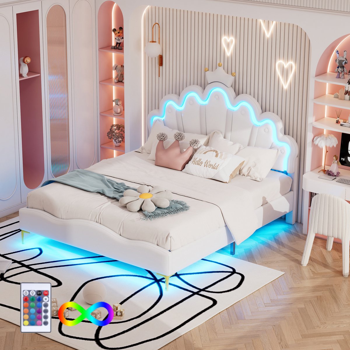 STILVORA Kinderbedden 90x200 cm - Gestoffeerd Bed Met LED Lichtstrip En Uniek Kronen Hoofdbord - MDF Frame - Roze Wit