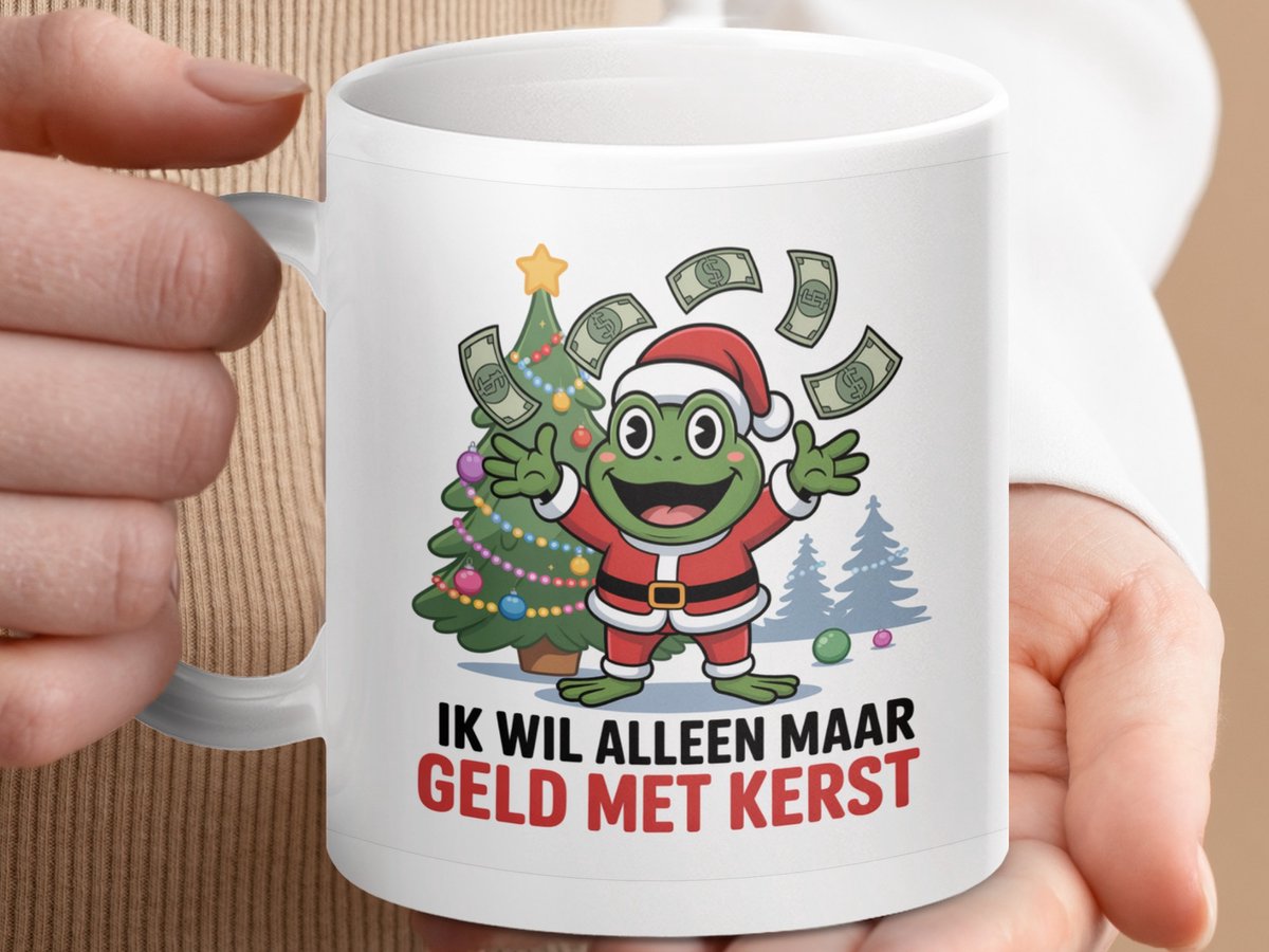 Mok kikker kerst geld, grappige kerst mok, vakantie geld kikker, kerst cadeau mok