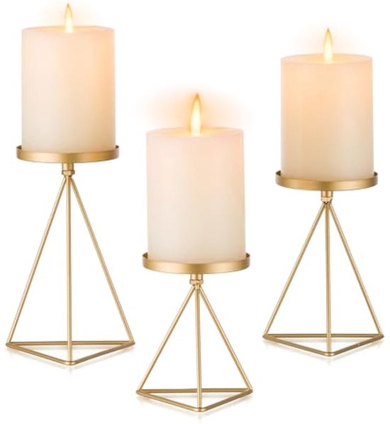 Chandelier pour bougies pilier: 3-pièces chandelier doré, plateau à bougies vintage, porte-bougies pilier géométrique, porte-bougies en métal pour décoration de table, foyer, mariage, Noël,