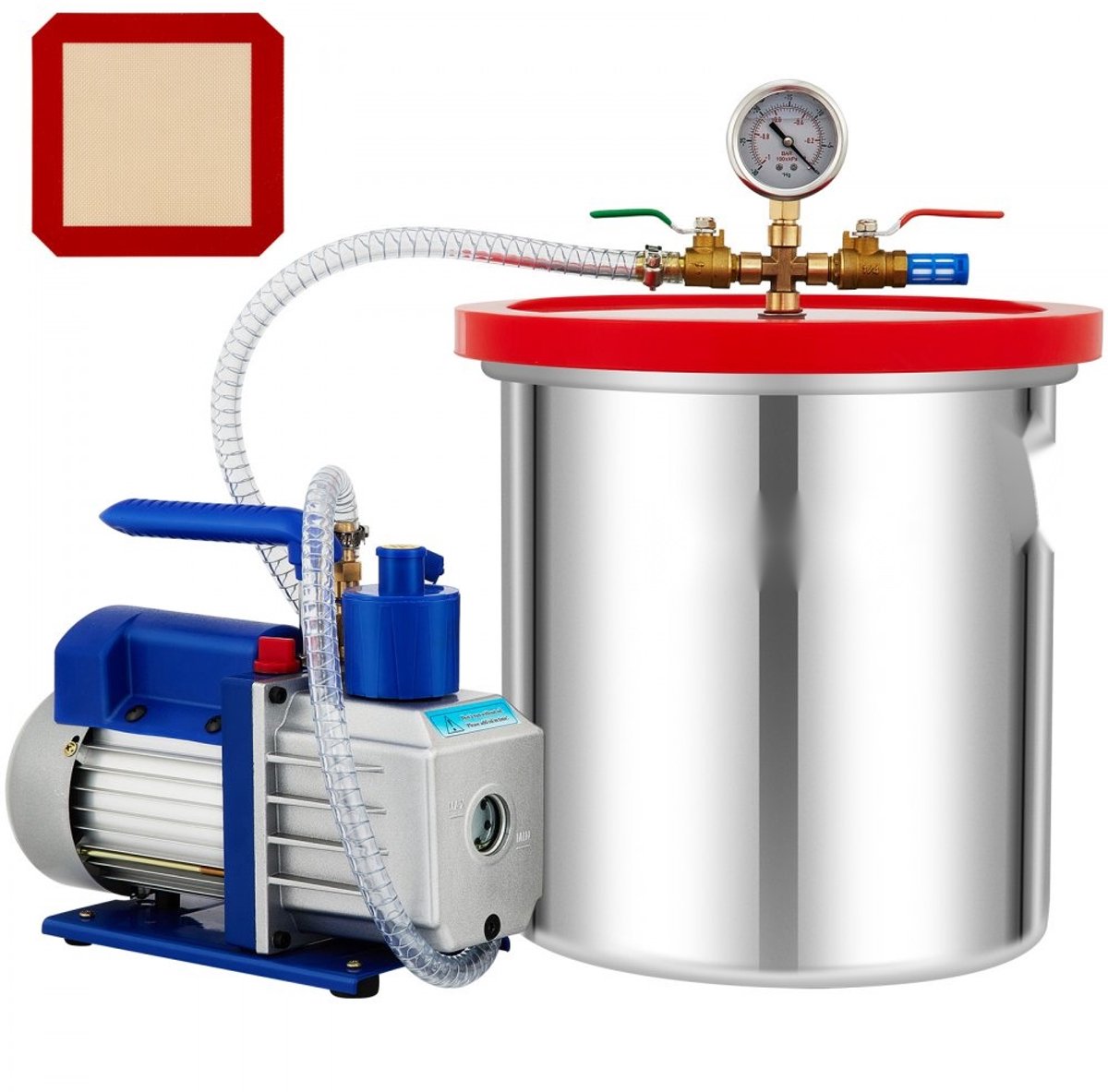 Vacuümkamer met Vacuümpomp - Set - 5 Gallon (19 L) - 5 CFM - 1/3 HP - Enkeltraps