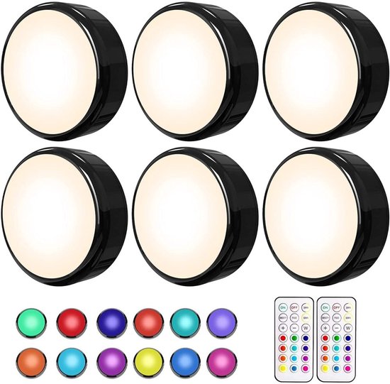 MOUJUCHI RGB Puck Lights - Draadloze Onder Kast Verlichting Met Afstandsbediening - 6 Stuks