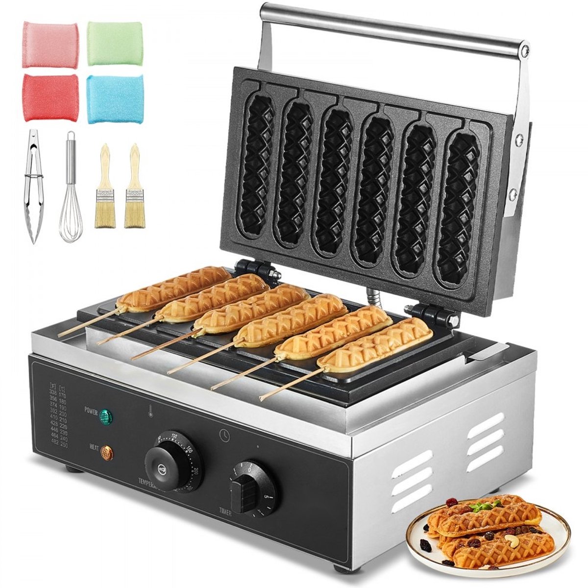 Wafelijzer voor maïshotdogs en hotdogs - Commercieel 6-vaks - Vermogen 1500 W - Antiaanbaklaag - RVS Behuizing - Instelbare Temperatuur en Timer