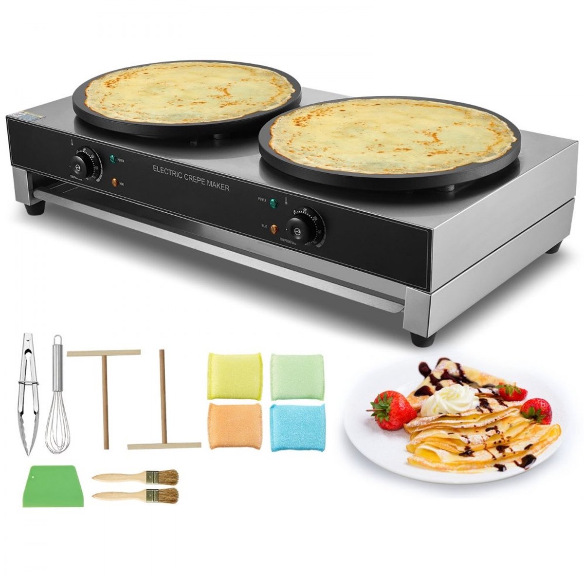 Elektrische crêpemaker - Dubbele crêpe- en pannenkoekenplaat - 6000 W - RVS - Temperatuurregeling - Zonder stekker