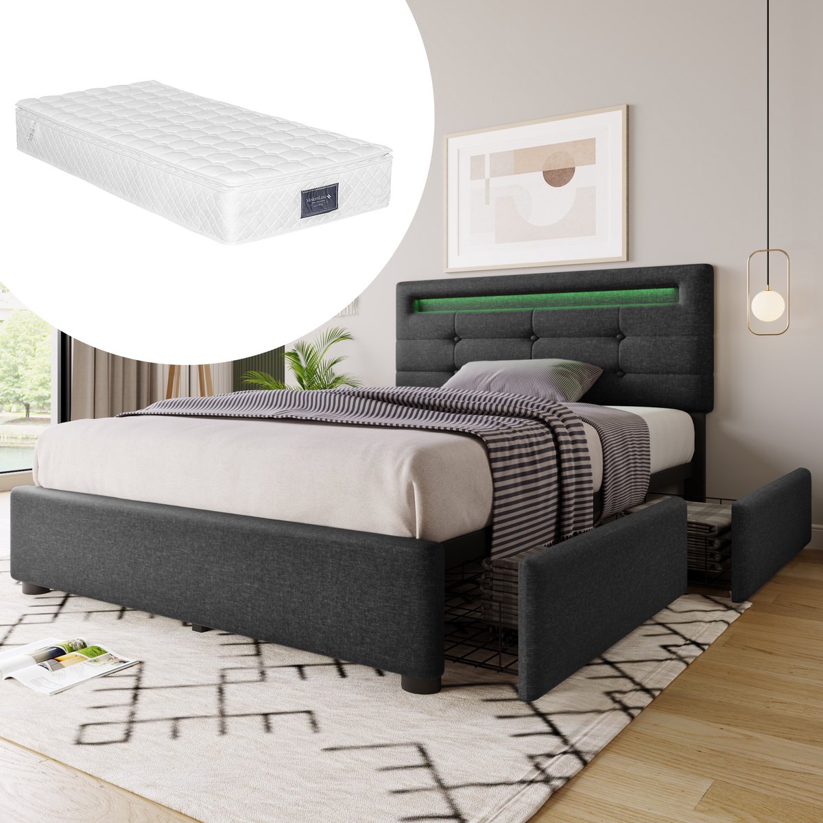 OKWISH Gestoffeerd Bed 90x200 - Bed met Opbergruimte en 2 Lades - LED Verlichting - Metaal - Grijs(Met matras)