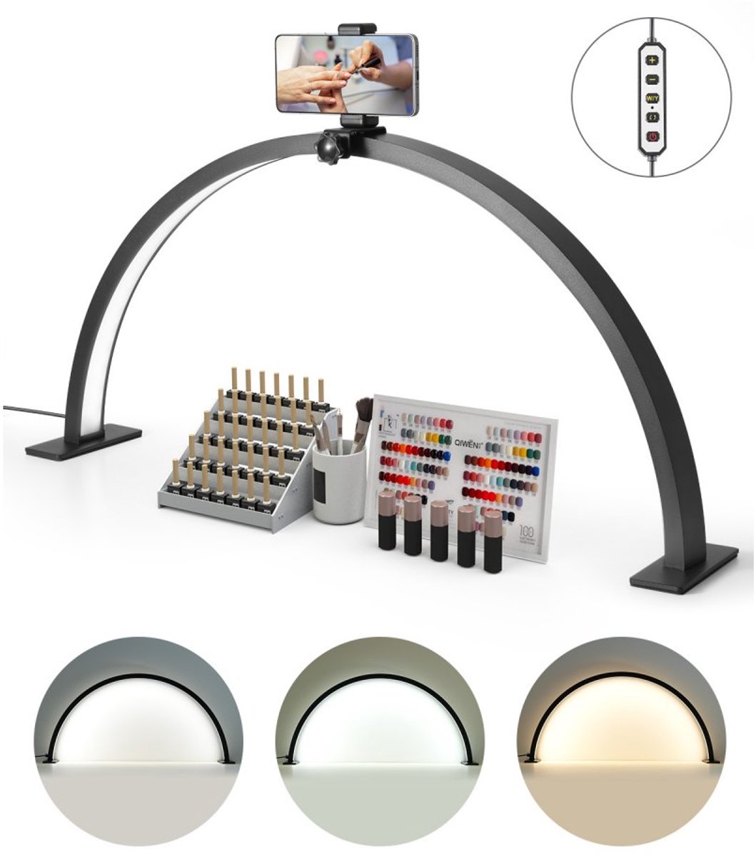 Bureaulamp voor Nageltafel - Halve Maan LED met Telefoonhouder - 30W - 76 cm - Verstelbare Helderheid - Voor Manicure & Wimperverlenging