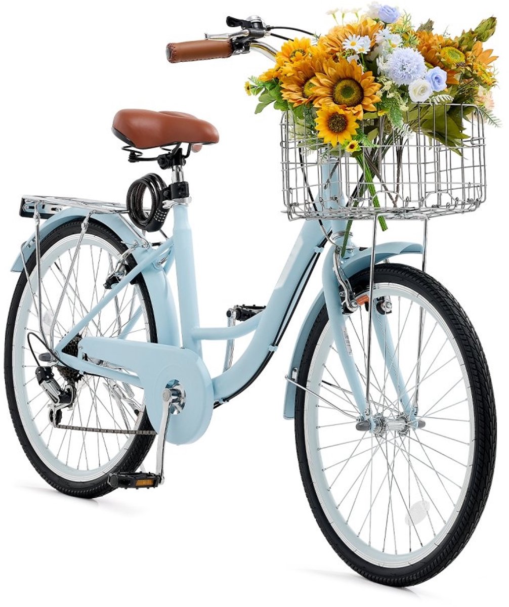 Cruiserfiets - Strandfiets - 7 Versnellingen - Wielmaat 66 cm - Met Grote Mand en Bagagedrager - Verstelbaar Zadel - Blauw