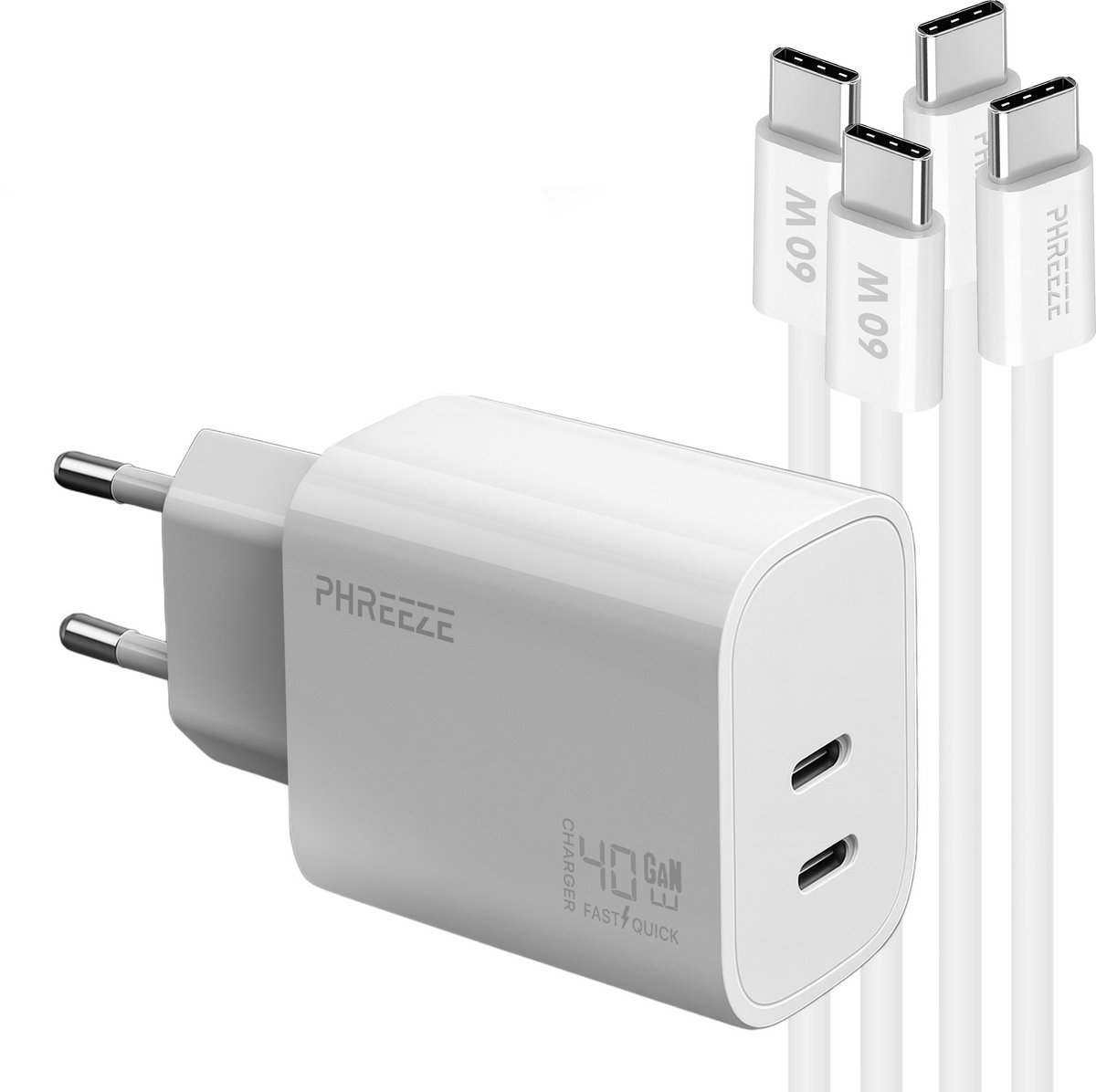 Phreeze usb C oplader 40 W - Met 2 usb C naar usb C kabels - Snellader voor camera en tablet
