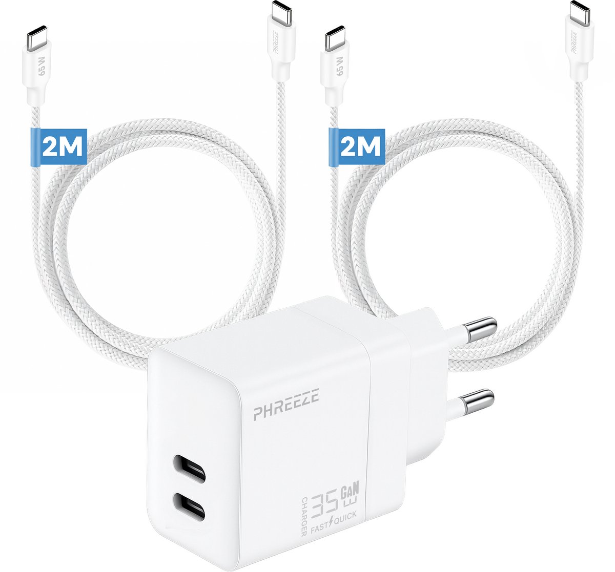 Phreeze usb C oplader 35 W - Met 2x usb C kabels 2m - Snellader voor smartphone en laptop