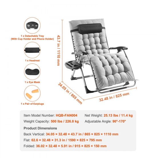 Zero Gravity Stoel - Verstelbare Ligstoel - Draagvermogen 227 kg - Met Kussen en Hoofdsteun - Met Voetensteun en Bekerhouder - Voor Binnen en Buiten - Breedte 84 cm - Grijs — afbeelding 3
