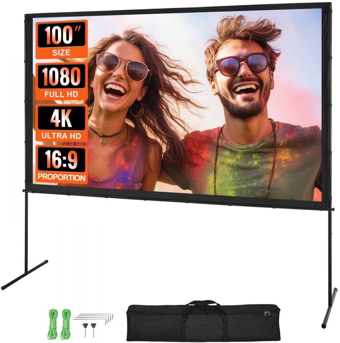 Projectiescherm met standaard - Draagbaar beamerscherm 16:9 - Diagonaal 254 cm - Compatibel met 4K/Full HD - Snel opvouwbaar - Voor binnen & buiten - Zwart