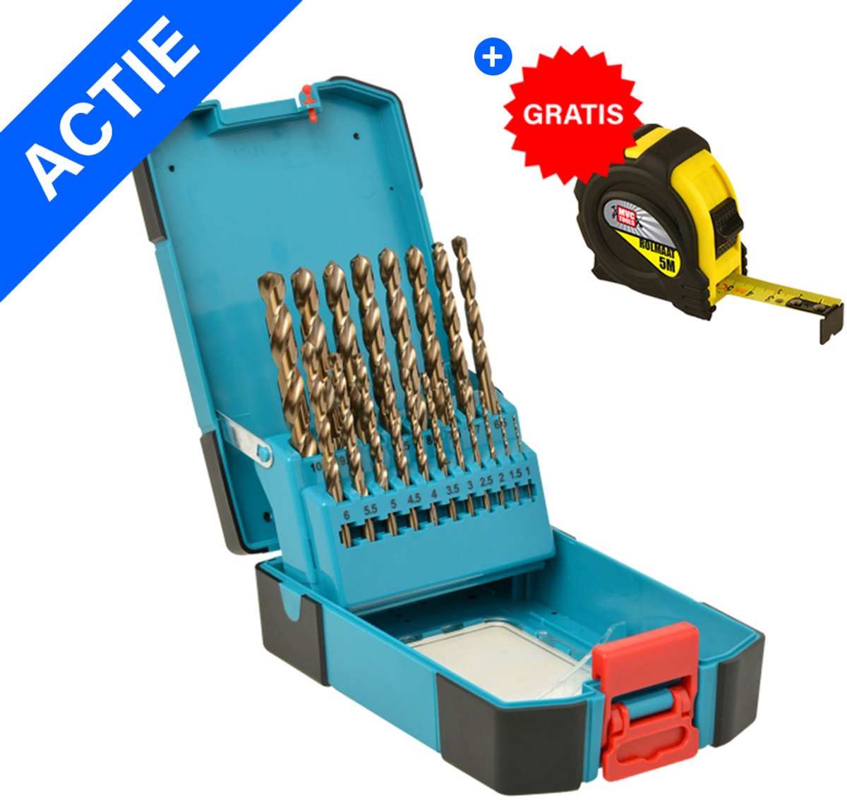 19-delige Cobalt Metaalborenset - 1-10mm, per 0,5mm - HSS M35 staal (5% Cobalt) - Geschikt voor de Hardste Metaalsoorten o.a. RVS en Gietijzer. - Incl. Gratis Rolmaat