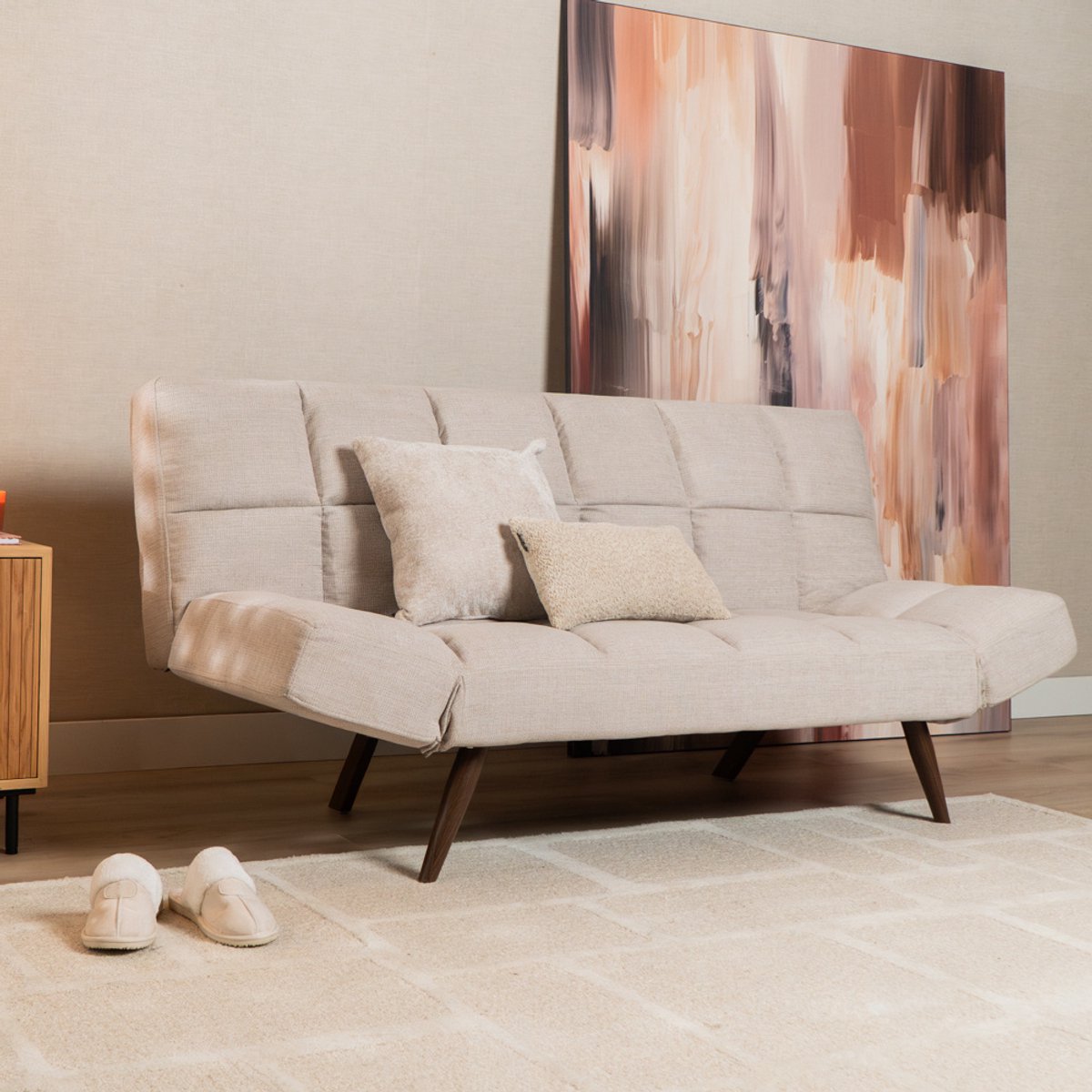 Bronx71 Slaapbank 1,5 persoons Timo gerecyclede stof beige - Logeerbed - Vouwbed - Slaapstoel - Zetelbed
