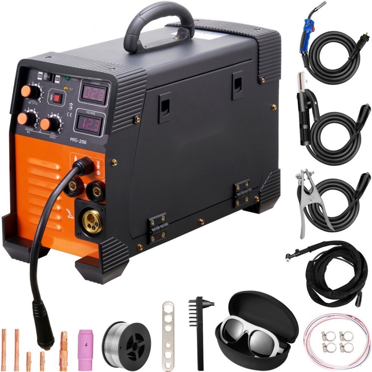 Lasapparaat - MIG/MMA/TIG 3-in-1 - Lasstroom 50–250 A - Gasloos Fluxdraad 0,8 & 1,0 mm - IGBT-Technologie - Draadsnelheid 2,2–12 m/min - Ingangsvermogen 5,6 kVA - IP21S
