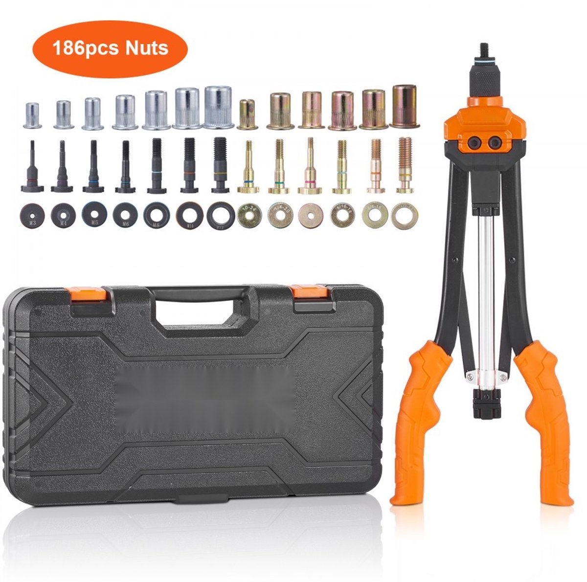 Blindklinkmoertang Set - Klinkmoertang / Draadmoertang - Lengte 410 mm - Set 13-delig met moeren en doornen - M3 t/m M12 - Professioneel