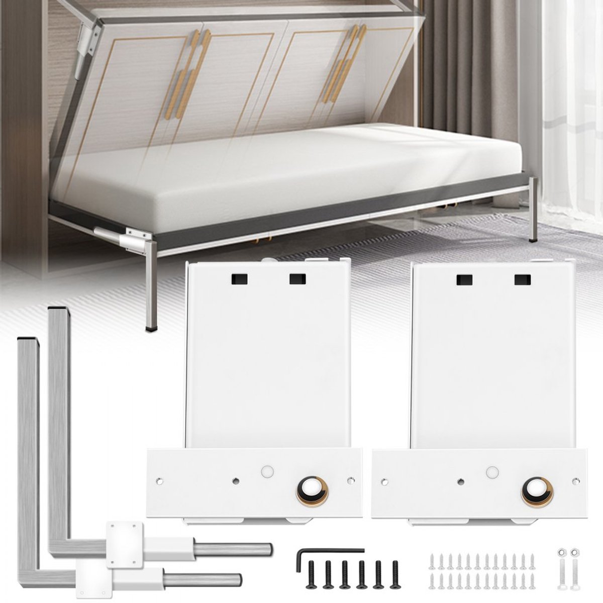 Opklapbed/Murphybed Veermechanisme - Muurbevestigingsset - Voor Bed 152x203 cm, Horizontaal - Stevige Set - Wit