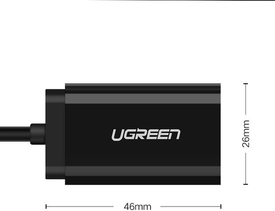 Zwarte UGREEN USB naar 3.5mm audio adapter met afmetingen 46mm x 26mm.