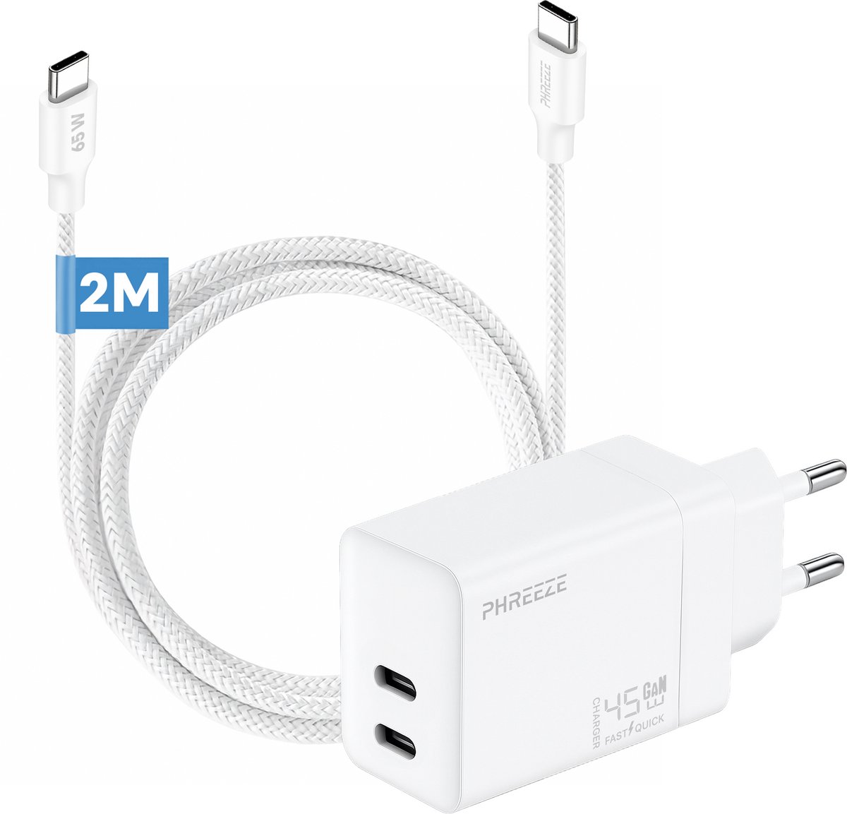Phreeze usb C snellader 45w met usb C naar usb C kabel 2 meter