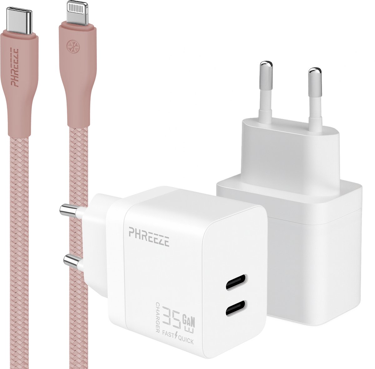 Snellader usb C oplader - Power Delivery GaN adapter met 2 usb C poorten - Geschikt voor iPhone 14 t/m 11 en iPad met Lightning kabel - Dubbele usb C oplader voor telefoon en tablet