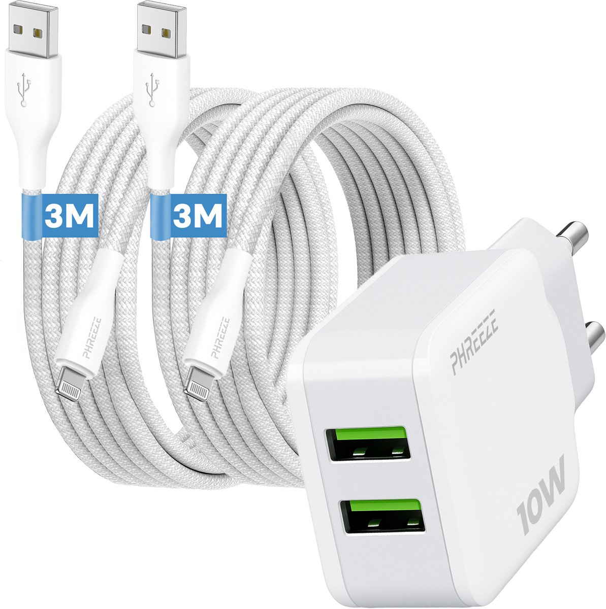 Phreeze usb lader 2.1 A - Geschikt voor iPhone en iPad met Lightning kabel 3m - Power adapter 5v 2a usb