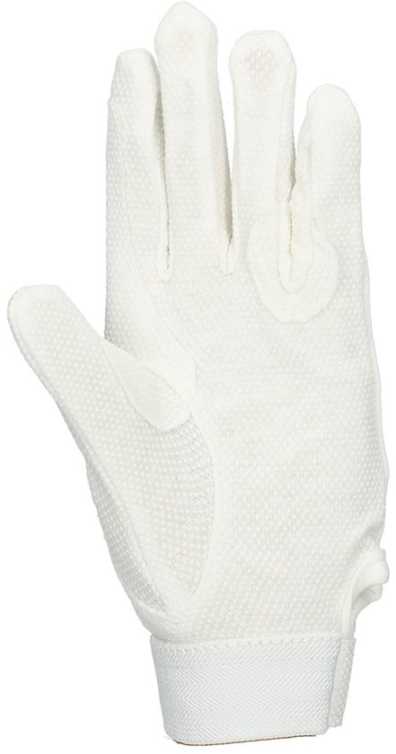 Witte rijhandschoen, achterkant zichtbaar, met getextureerde handpalm en elastische polsband.