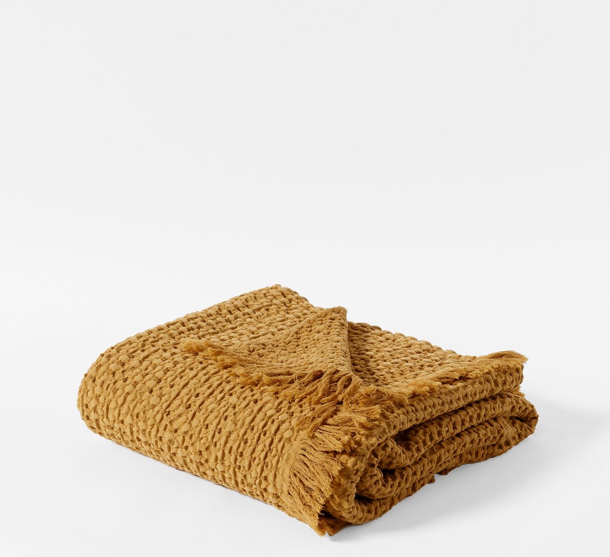 Wafellook Spread 125x200cm - 100% Katoen, Mosterdgeel met Franjes