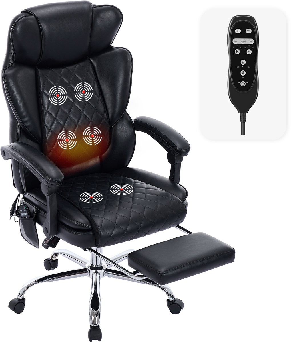 COLAMY Massagestoel bureaustoel met verwarming en 6 vibratiepunten, luxe computerstoel met voetsteun, 90-125° verstelbare hoge rugleuning voor comfortabel thuiswerken,zwart thumbnail 3