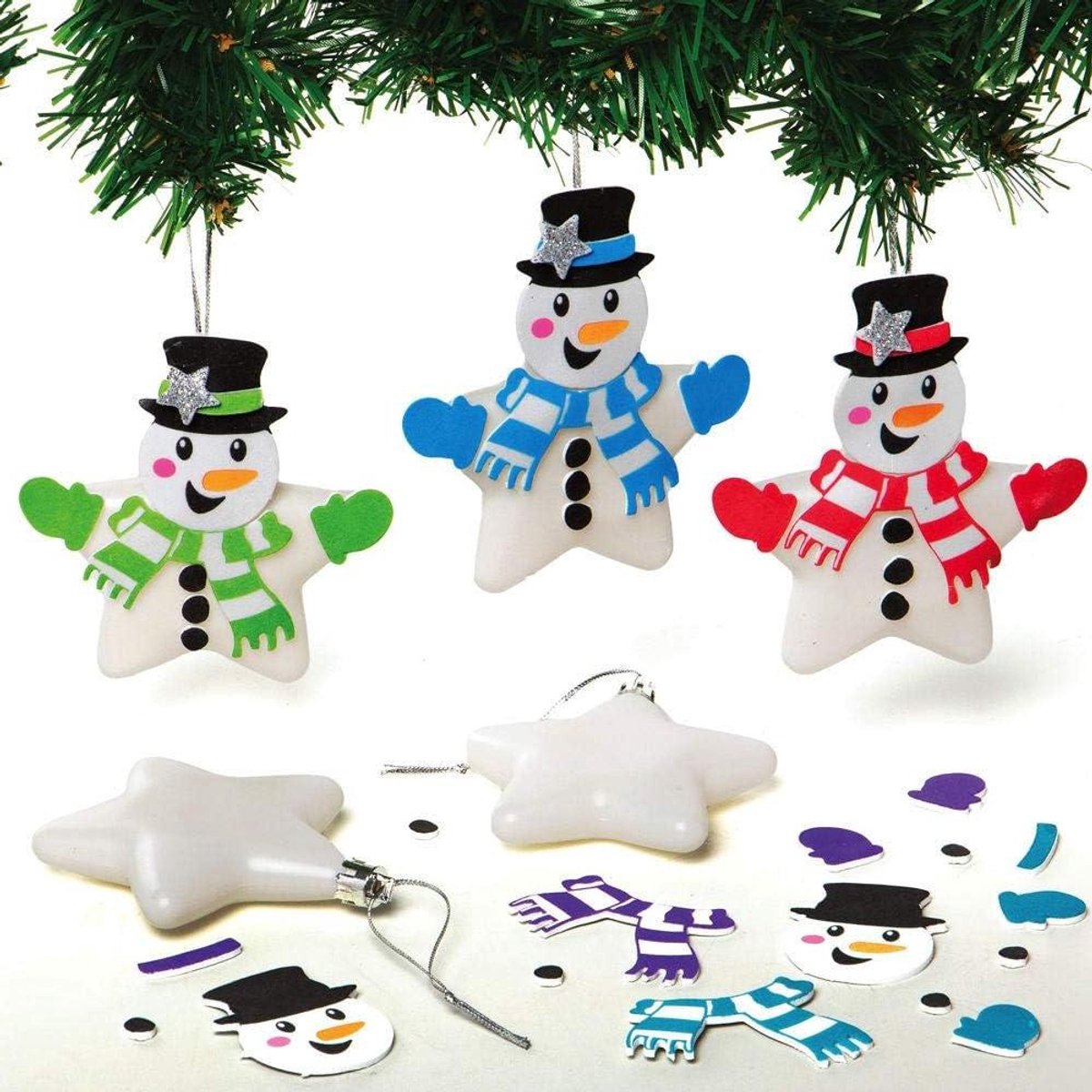 Set van 6 DIY kerstballen met sneeuwman- en sterontwerp voor kinderen, kerstboomdecoratie.