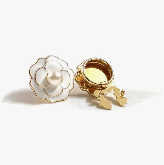 Camélia White Pearl artificiel avec boutons de protection à base Gold | bouton de fleur de camélia | Bouton Amsterdam Universal (20 mm / 16 mm)