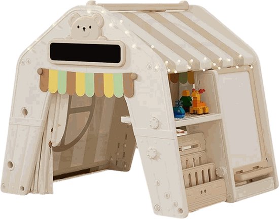 Beige speelhuis tent met afmetingen 129x102x112cm, met planken en een whiteboard.