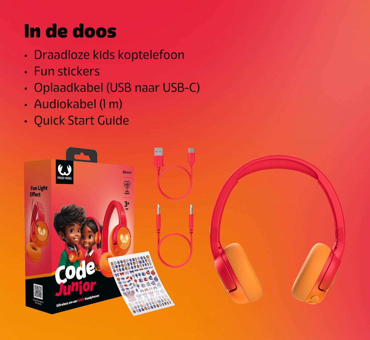 Fresh 'n Rebel Code Junior - Koptelefoon kind - Kinder koptelefoon - Draadloos (Bluetooth) & Bedraad – Inclusief Aux kabel (1m) - Funny Fox – foto 6