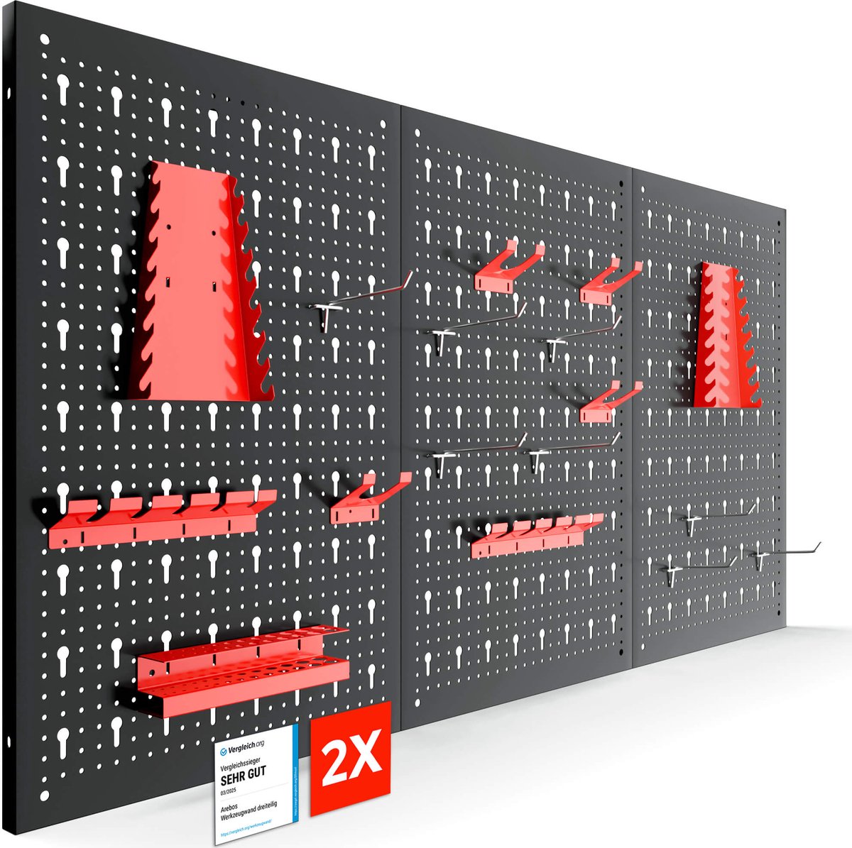 AREBOS Zesdelige gereedschapswand | 34-delige haken set rood | 235,2 x 59,5 x 2 cm | Geperforeerde metalen gereedschapswand + beugels + bevestigingsmateriaal