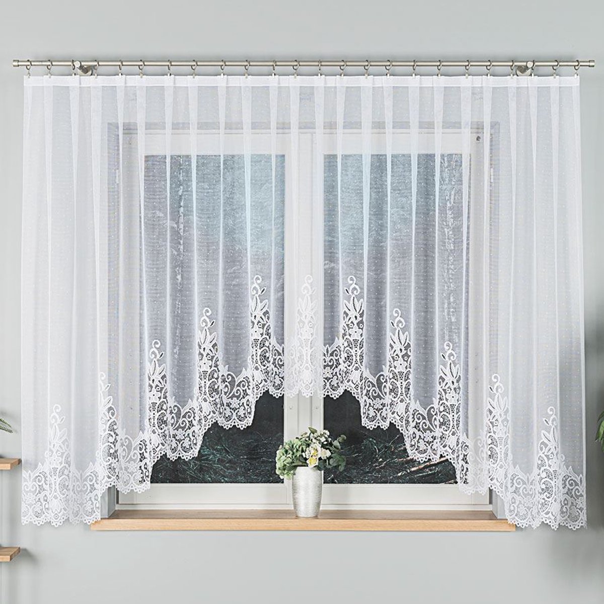 Markizeta Berenika - Jacquard Kant en Klare Gordijn - 400x160cm - Florale Motieven - Wit