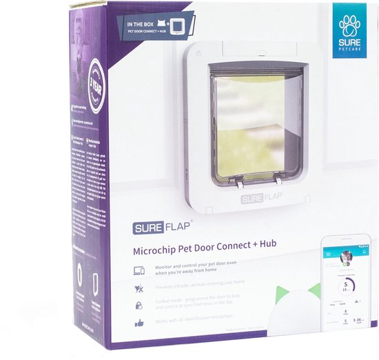 Verpakking van het SureFlap Microchip Pet Door Connect huisdierluik in het wit.