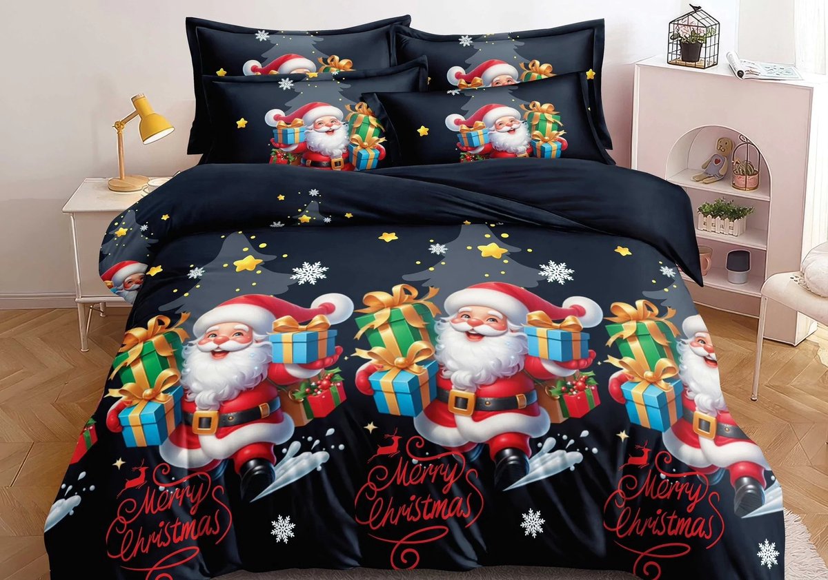 Image of 3D Kerst Dekbedovertrek Katoen Satijn 160x200cm - Sinterklaas met Cadeaus