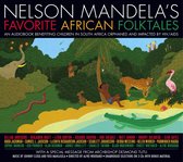 Boekhoes met de titel 'Nelson Mandela's Favorite African Folktales' met een levendige illustratie van Afrikaanse dieren en landschappen.