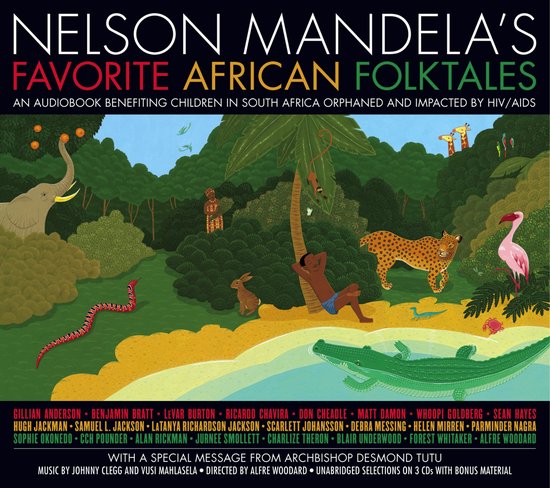 Boekhoes met de titel 'Nelson Mandela's Favorite African Folktales' met een levendige illustratie van Afrikaanse dieren en landschappen.