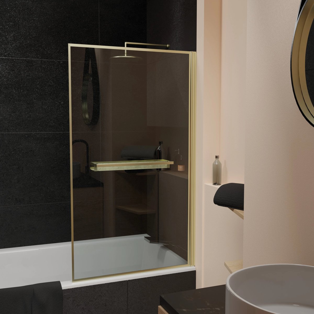 Pare baignoire Rabattable 75x130cm en Verre trempé - Porte-serviette et Etagère Or Doré Brossé