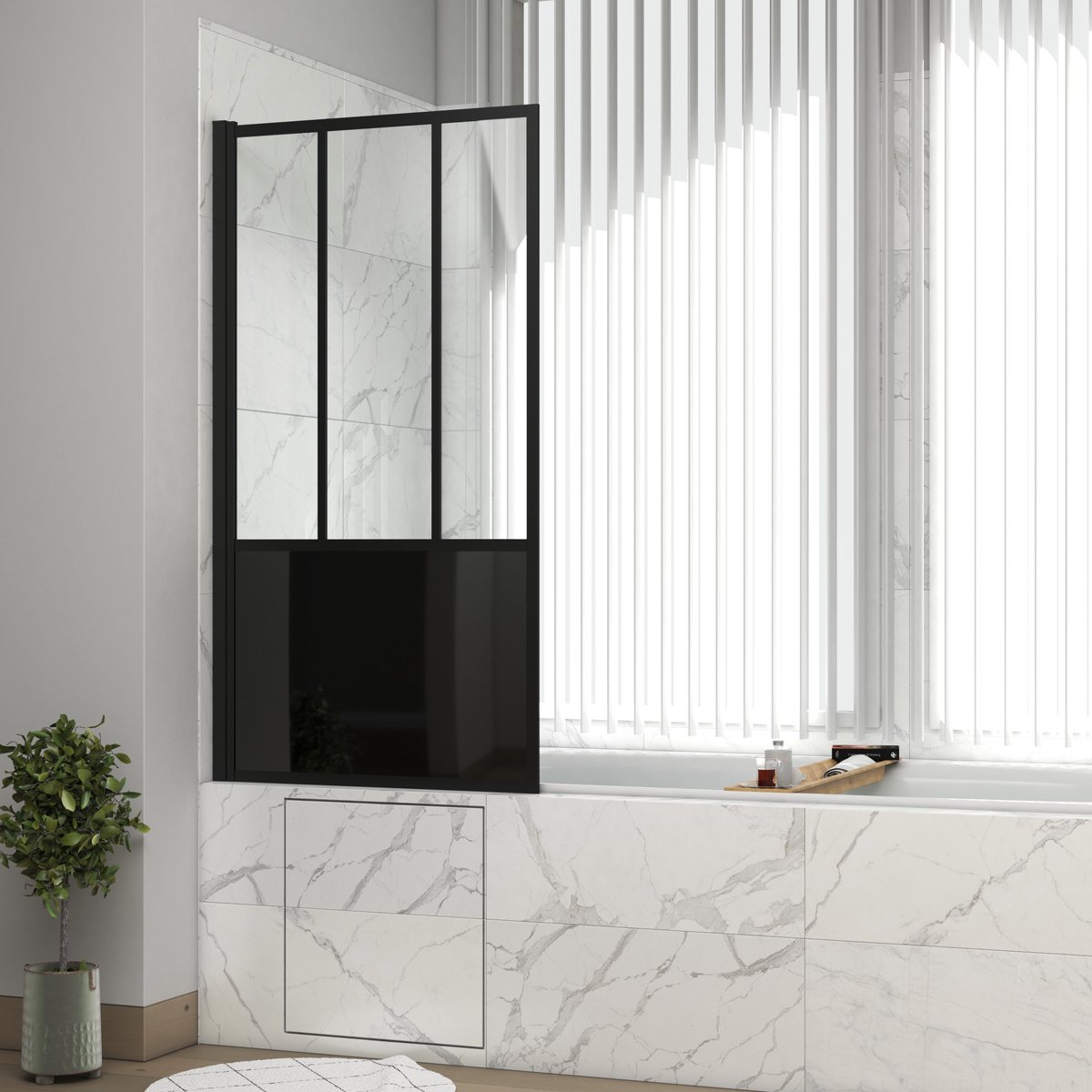 Pare Baignoire Pivotant 140x80cm Type Industriel - Profilé Noir Mat - Verre Trempé - GLASSY SCREEN
