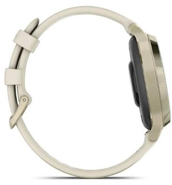 Profiel van een gouden smartwatch met wit bandje op witte achtergrond.
