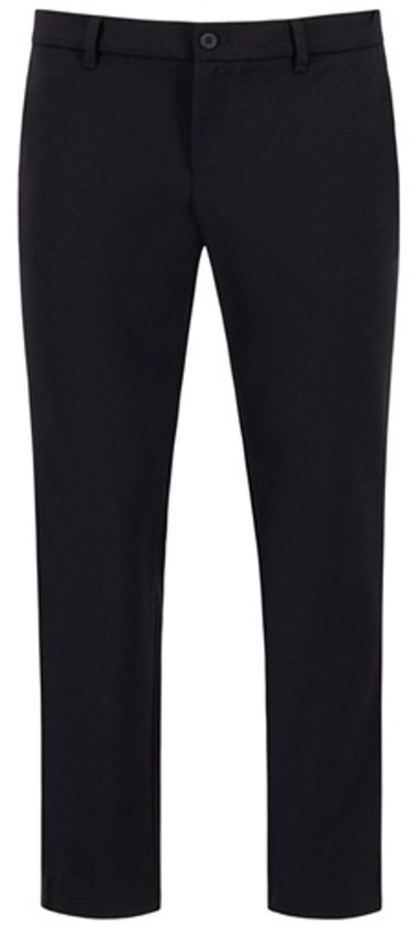Zwarte Alberto broek, voorkant. Met ritssluiting, knoopsluiting en steekzakken.