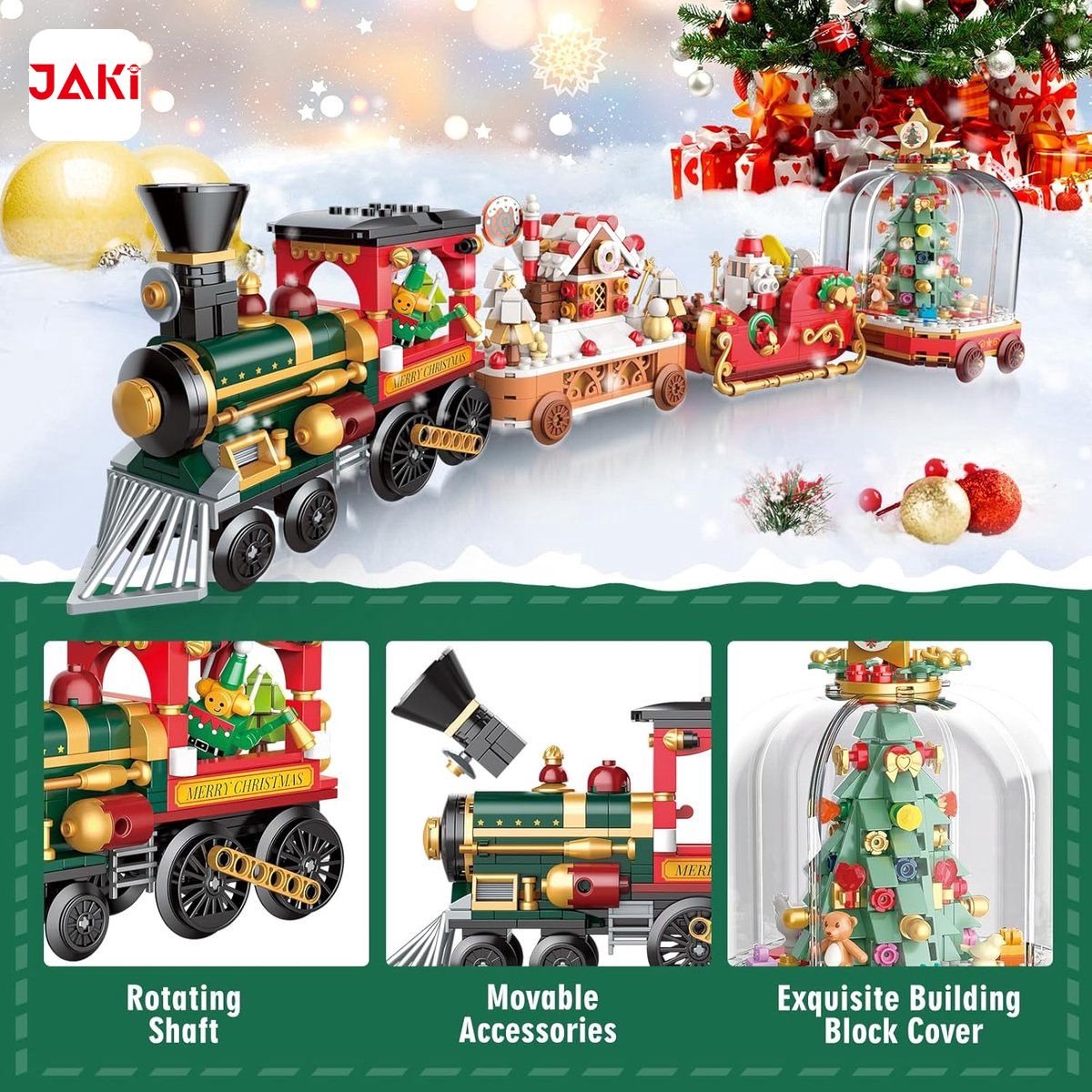 Jaki - Frozen kerstmis trein bouwset | Classic creator kerst speelgoed geschikt voor Lego | Kerstboom modelbouw | Christmas kerstballen decoratie cadeau geschenkset voor kinderen & volwassenen | Bouwdoos met 1011 bouwstenen — cadeau in Spellen & Speelgoed - foto 5
